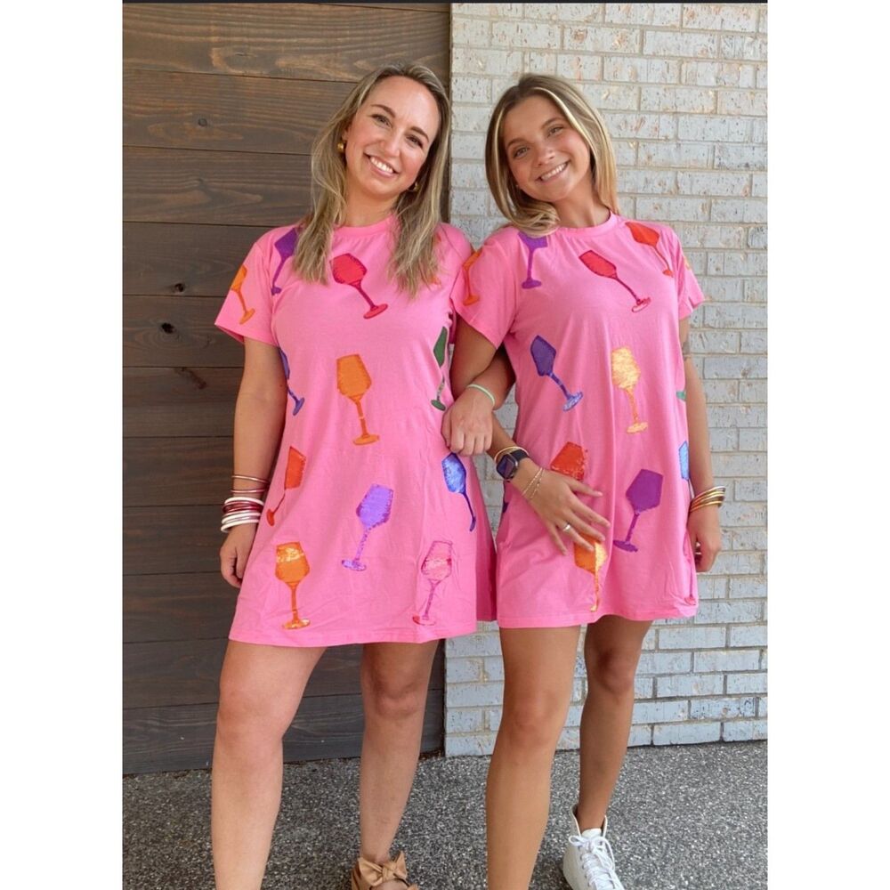 Queen of Sparkles - Sequin Wine Glass T-Shirt Dress Pink - Size Small